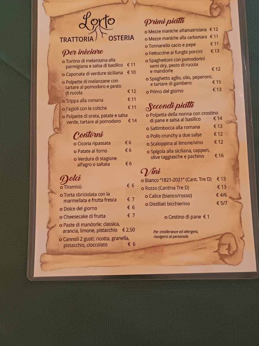 Printed LORTO menu